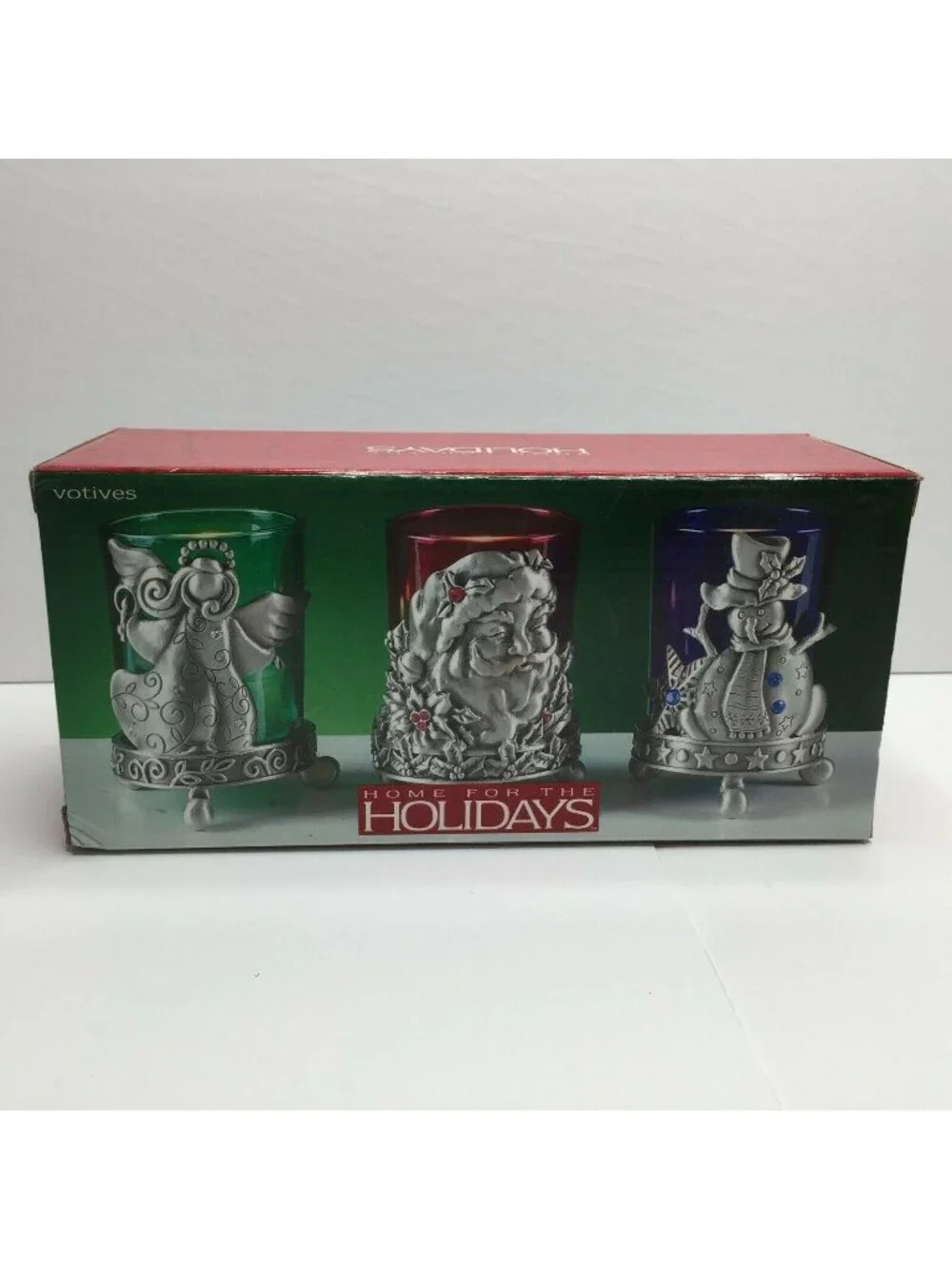 Home for the Holidays Christmas Votive Candles & Tray Set of 4 Santa Angel Snow
